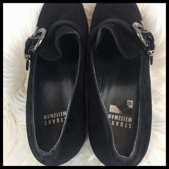 Stuart Weitzman Black Suede Buckle Loafers Sz 7.5 - Picture 5 of 8